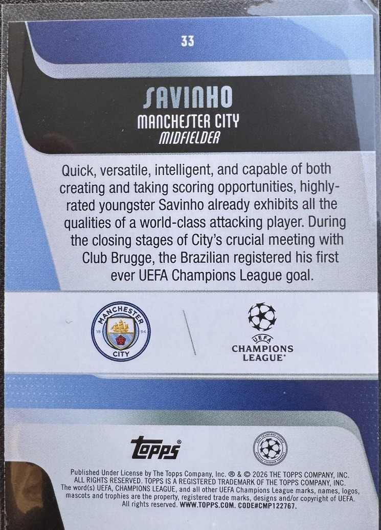Savinho Match Attax Karte, Rückseite